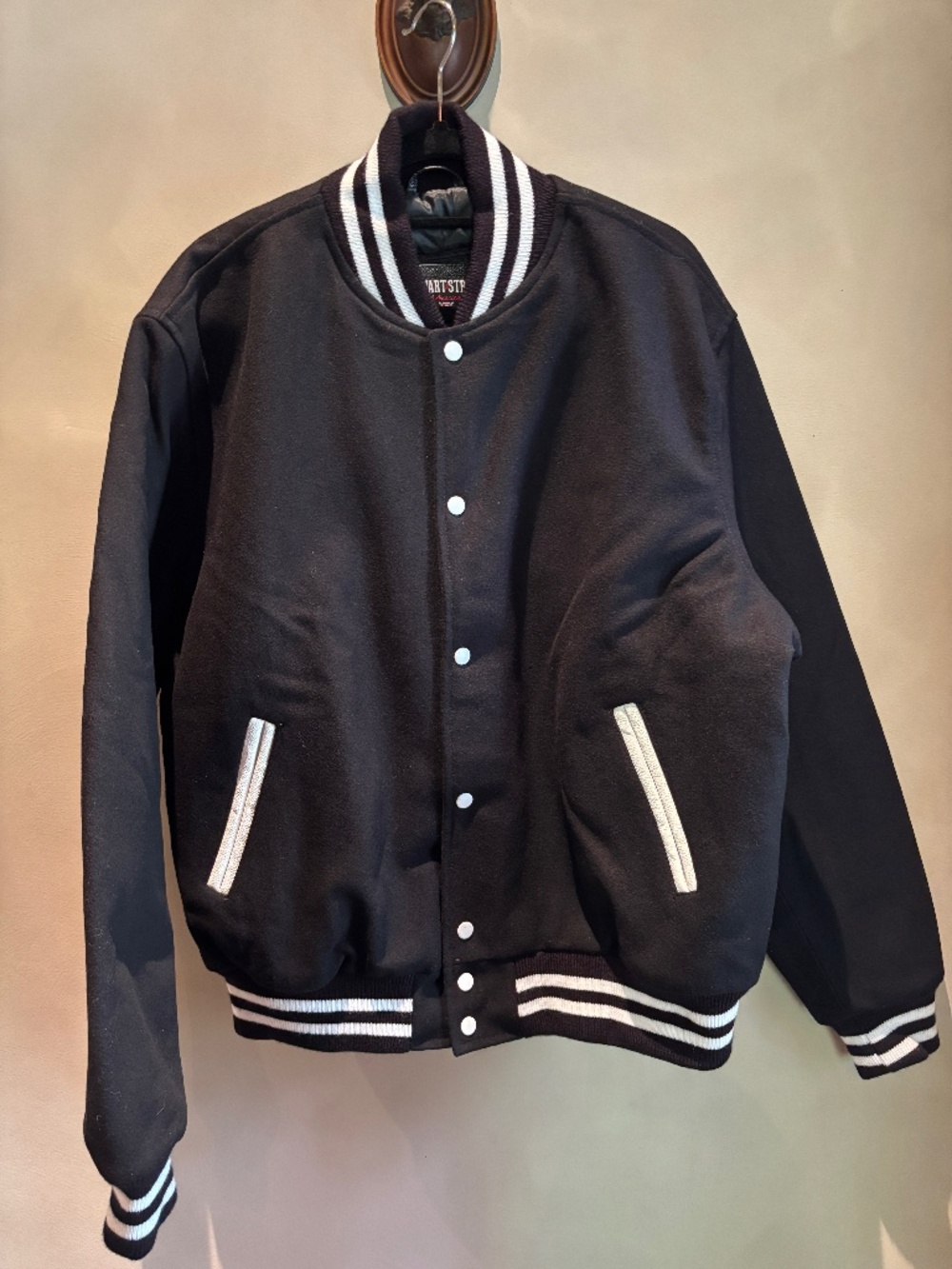 STEWART & STRAUSS Men's Black Wool Varsity Jacket